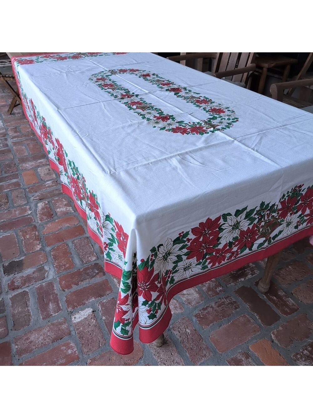 Vintage Sunweave Linen Corp Christmas Tablecloth 60" x 82", Retro Holiday